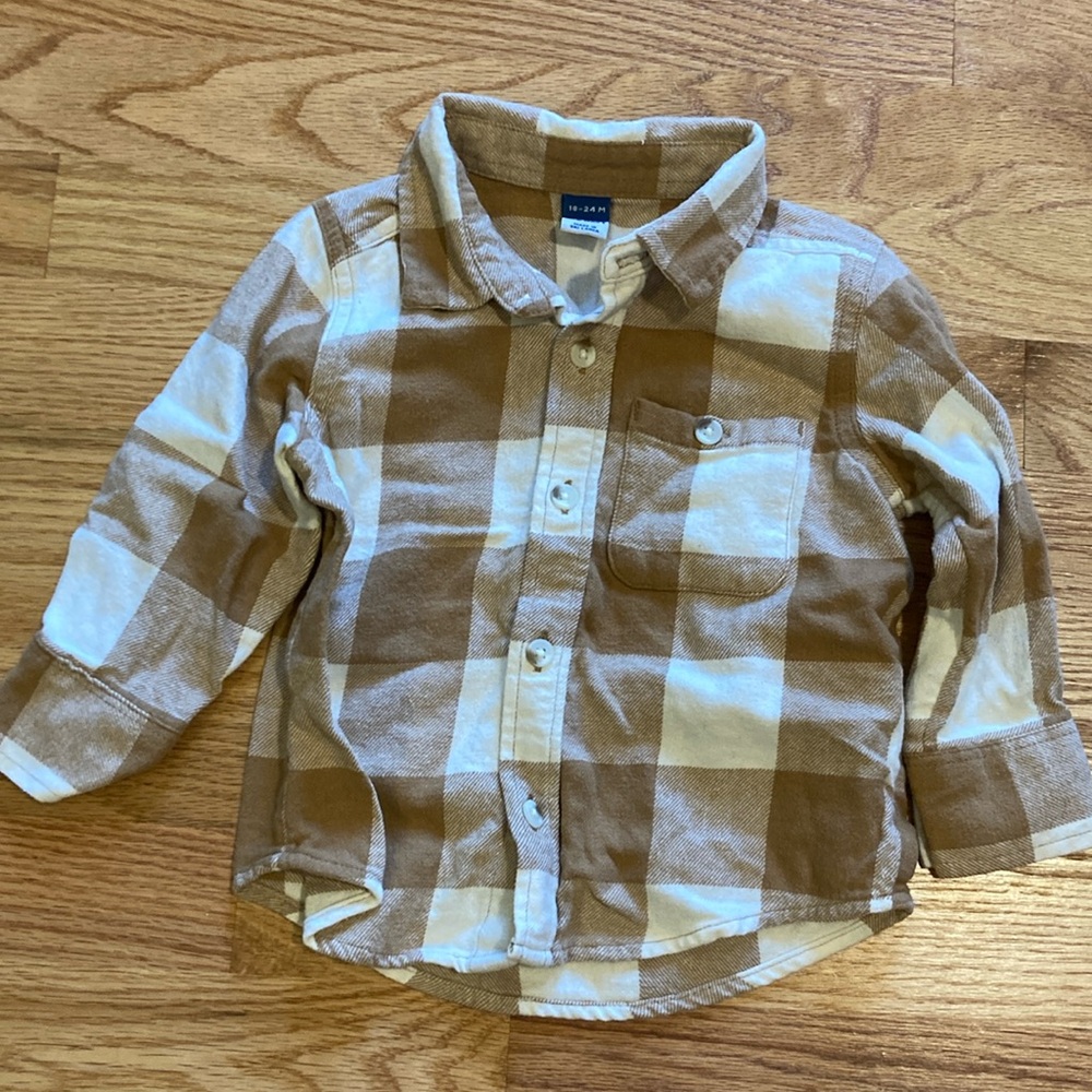 Old Navy 18-24 months plaid flannel button up tan and cream